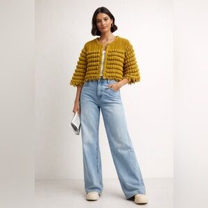 River Island Mustard Bouclé Textured Chunky Knit Cropped Cardigan Size 6 (UK 10)